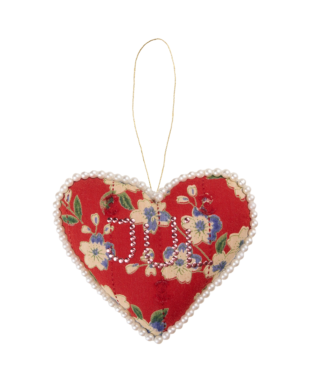 Pearl of Hearts Ornament - Red Floral