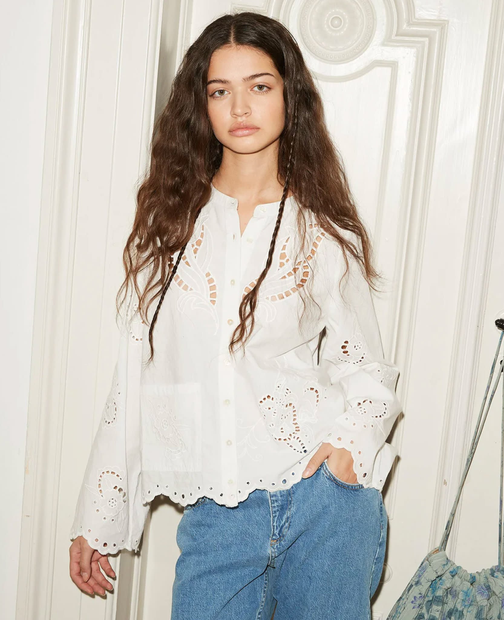 enof silk shirt EN24SH060104 Ecru エクリュ silk wide a-line collarless shirt - very long with slits